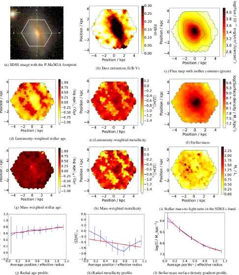 Figure 6. Group β , galaxy p9-61A as in table 2. Stellar population maps and proﬁles analyzed using MILES-based models with their full parameter range, asdescribed in detail in Figure 5