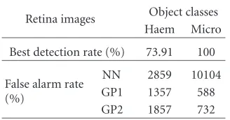 Table 7: Comparison of the object detection results for the retinaimages. The GP approaches versus the NN approach