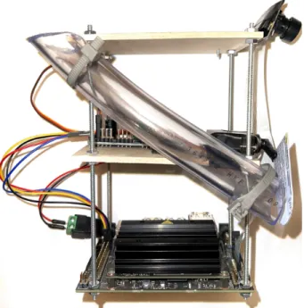 Fig. 2. NVIDIA Jetson Nano, PCA9685 PWM I2C driver, 180 degree servo motor, 8MP IMX219 180 degree camera, and dog treat delivery tube