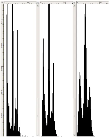 Figure 3.7: Histogram of the heights of the bounding boxes of the connected compo-nents with no smoothing (left), one iteration of smoothing (middle) and two iterationsof smoothing (right)