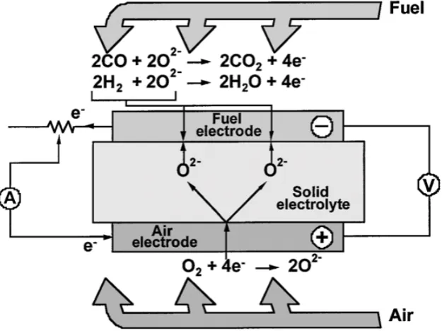Figure 1-1. Illustration of a working solid oxide fuel cell [2] 
