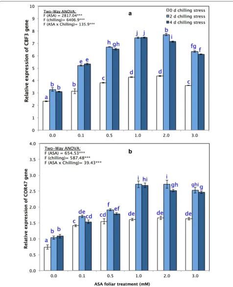 Fig. 7 Relative expression of genes a CBF3, and b COR47 of P. vulgaris L. after foliar application of different concentration of acetylsalicylic acid (ASA; 0, 0.1, 0.5, 1, 2, 3 mM) and exposed to a different level of chilling stress (0, 2, 4 days)