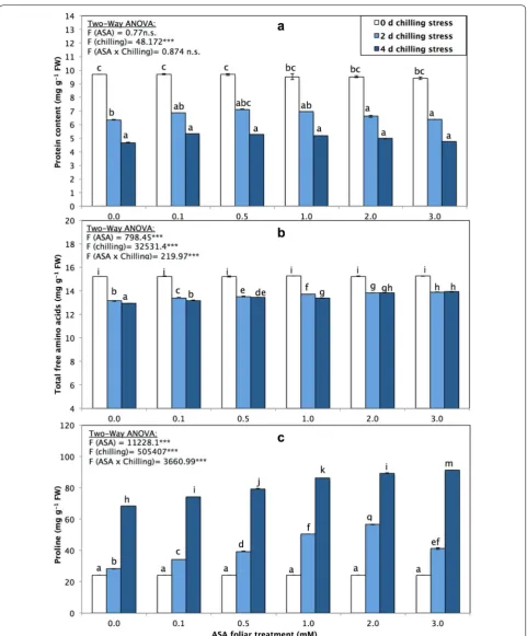 Fig. 2 a Protein content (mg g−1 FW), b total free amino acids (mg g−1 FW), c proline (mg g−1 FW) of P