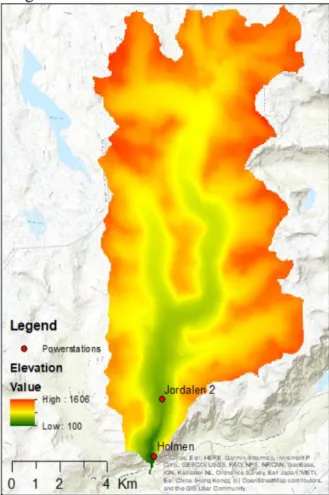 Figure 8 Surface elevation for Jordalselvi watershed 