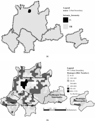 Figure 4. (a) and (b) Earthquake intensity and building damages. 