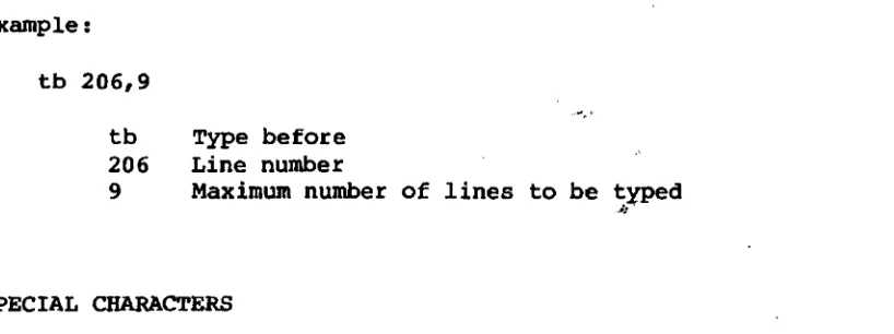 Table 2-1 lists the special characters and their descriptions. The \ , /abcde/, !, and _ characters can be used only with the X command