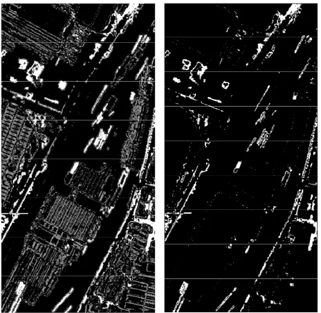 Figure 9. Comparison between the extracted features and 1:1000 digital maps of Milan. In red the wall features manually extracted