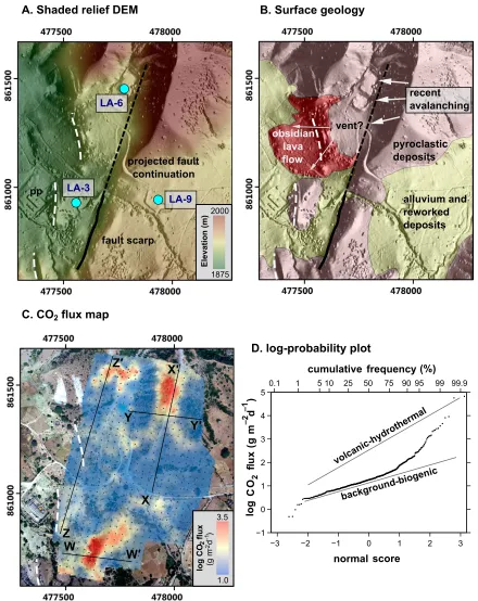 Figure 10. Focused study of degassing along the Artu Jawe fault zone. (A) Shaded relief digital elevation model (DEM) showing the Artu Jawe fault scarp (black) and its projected continuation north (dashed)