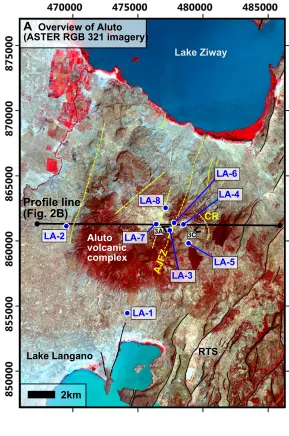 Figure 2. (A) ASTER (Advanced Space-borne Thermal Emission and Reflection Radiometer) RGB321 image of Aluto vol-cano and the surrounding area