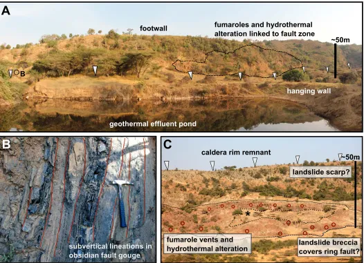 Figure 3. Photographs of major volcanic and tectonic structures on Aluto. (A) The Artu Jawe fault scarp viewed from the west (located in Fig
