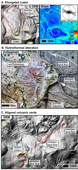 Figure 6. Examples of volcanic features mapped using the airborne data sets. (A) Hillshade DEM and slope map showing a typical obsidian lava flow vent and elon-gate crater