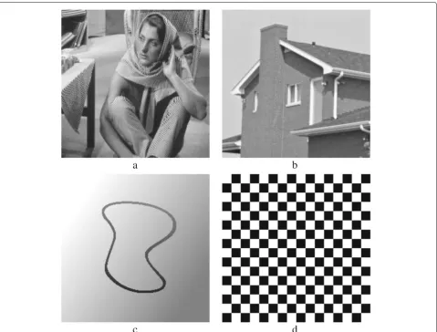 Fig. 10 The four used images in the experiment: a Barbara image 512 × 512, b House image 256 × 256, c CurvedBand image 257 × 257, andd Chessboard image 256 × 256