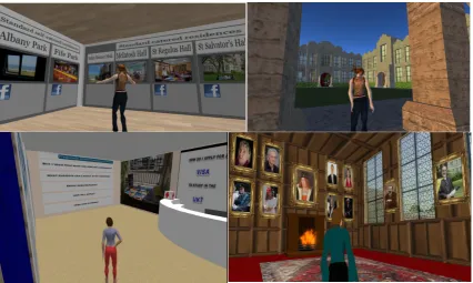 Figure 1 shows images of the current ViStA and demonstrates the use of rooms, access to social media, and historical and current information about the city and University