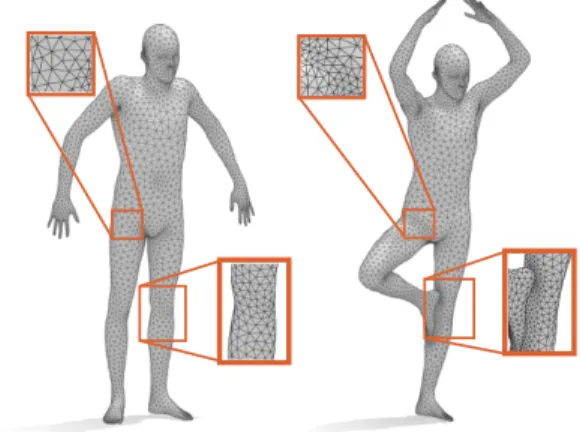 Figure 2: Example pair of shapes from the remeshed FAUST dataset. Note the significant changes in point  sam-pling density in various shape regions.