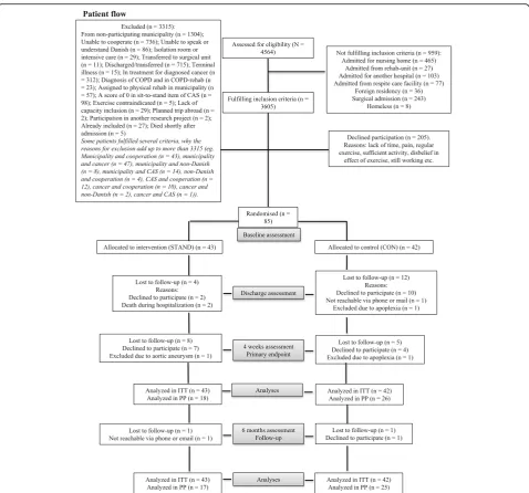 Fig. 3 Flow of patients. COPD, chronic obstructive pulmonary disease; CAS, Cumulated Ambulation Score; STAND, sit-to-stand exercise; ITT,intention to treat; PP, per protocol