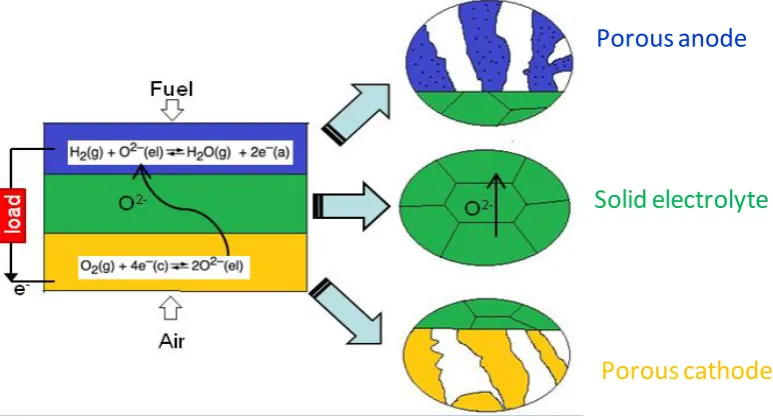 Figure 1.2 Operating principle of a basic SOFC using H2 as fuel and O2 as oxidant. 