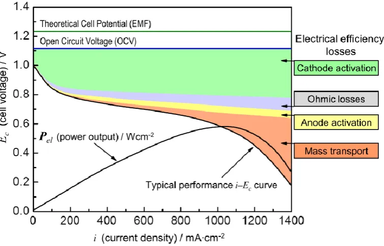 Figure 1.3 Schematic of a current-voltage curve with marked regions of the different contribution of polarization losses