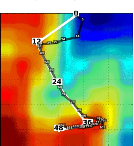 Figure 4-1:  The actual glider track with report-in times (semi-transparent black); the waypoints of the suggested path (white) and morphology (background colors.) The coordinates and time have been removed and are not available for public release