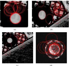 Figure 5. Locating results using standard RCD algorithm. (a)-(c) The detected results, obtained from Figures 4(a)-(c); (d) The result obtained from Figure 4(d)