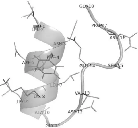 Figure 1.8 Model of FMDV 2A sequence.  The image shows the hypothetical configuration of FMDV 18aa 2A at neutral charge and pH in a non-spatially constrained hydrophilic environment, however the ribosome exit tunnel is known to be spatially constrained wit