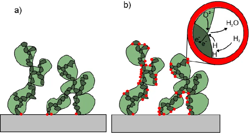 Figure 1.10: Schematic drawing of the microstructure of a SOFC composite electrode, the anode in this case