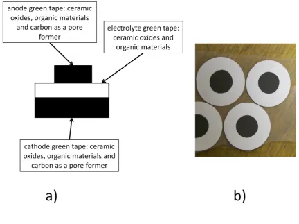 Figure 2.5: a) schematic of a typical green single cell, b) photo of green cells on PET film 