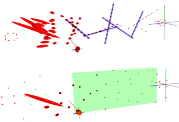 Fig. 2. Small map simulation results: (top) edgelet mapping and line discovery; (bottom) point mapping and plane discovery