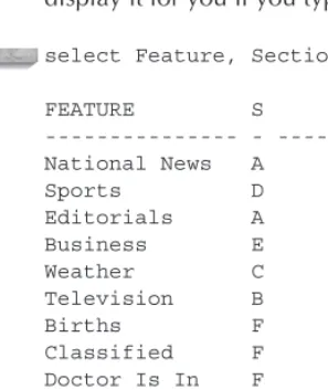 Figure 3-1 shows a table of features from a local newspaper. If this were an Oracletable, rather than just paper and ink on the front of the local paper, SQLPLUS woulddisplay it for you if you typed this: