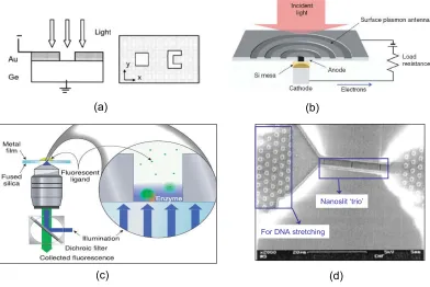 Figure 1-4: Examples of nanoaperture assisted devices. (a) Germanium photodetector improved by “optical ridge-waveguide”, i.e