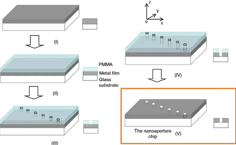 Figure 3-1: Fabrication procedure of the nanoaperture array. Step (I): metal evaporation
