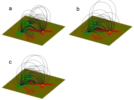 Figure 4. Small ﬁeld of view (rectangular box in Figure 1(a)). (a) Potential ﬁeld; (b) linear force-free ﬁeld; (c) magneto-static ﬁeld.