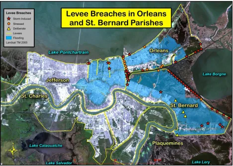 Figure 1.2 – Map showing levee breaches and flooded areas (Based on Seed et al. 2008).