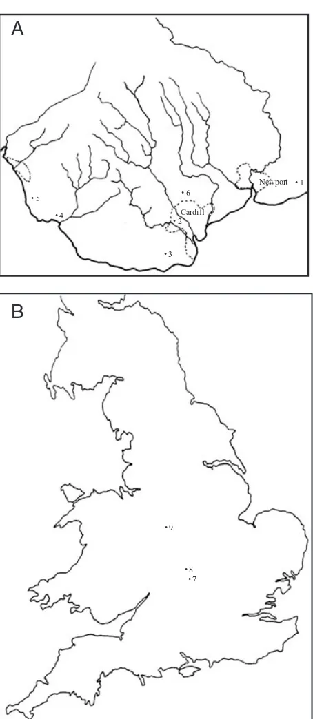 Figure 1. A, collecting sites for 9 Hell  Coppice  (Oxfordshire);  8  rphilly. B, Collecting sites for Tetramesa in South Wales.1 = Magor; 2 = Fairwater; 3 = Cosmeston lakes countrypark; 4 = Merthyr Mawr dunes; 5 = Kenﬁg Dunes; 6 = Cae-Tetramesa in England