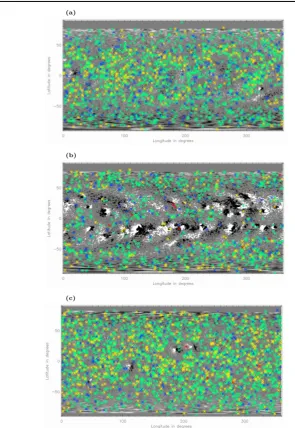 Figure 10. Positions of the nulls points found in the PFSS extrapolations of MDI synopticmagnetograms from (a) CR1919, (b) CR1960 and (c) CR2083 over-plotted on the radialcomponent of the magnetic ﬁeld at the photosphere