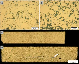 Figure 3. OM images of 92 wt% Cu - 8 wt% CeOtions; 80 wt% Cu - 20 wt% CeO2 in (a) normal and (c) transversal direc-2 in (b) normal and (d) transversal