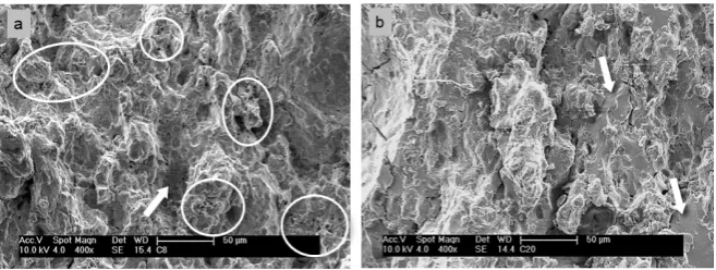 Figure 5. Fractographies of (a) 92 wt% Cu - 8 wt% CeO2 and (b) 80 wt% Cu - 20 wt% CeO2