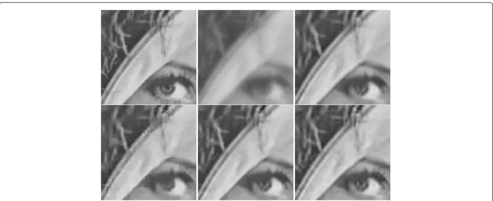 Fig. 2 Deblurring of Lena image, scenario 2. From left to right and from top to bottom are presented zoomed fragments of the following images:original, blurred, and noisy, reconstructed by BM3DDEB, L0-Abs, IDD-BM3D, and our method