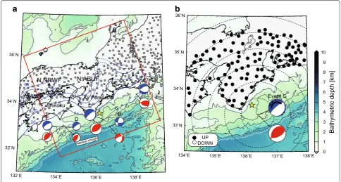 Fig. 1 Map and focal mechanisms of target earthquakes. first-motion solution, respectively