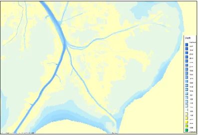 Figure 4. 1.  Bathymetry for model was obtained from 2003 Corps of Engineers river bathymetry study and ADCIRC Bathymetry/Topography