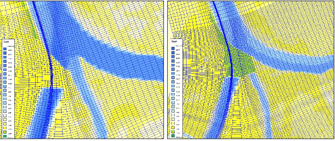 Figure 4. 5. Delft3D Curvilinear grid and modified River bathymetry. Southwest Pass and South Pass closed with a levee of 1.5m, and Pass-A- Loutre dredged to 13.7 meters deep