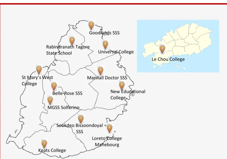 Figure 1 – Geographical location of the pilot schools Goodlands SSS Universal College Rabindranath Tagore State School Belle-Rose SSS MGSS Solferino Sookdeo Bissoondoyal SSS St Mary’s West  College Keats College Manilall Doctor SSS New Educational College 