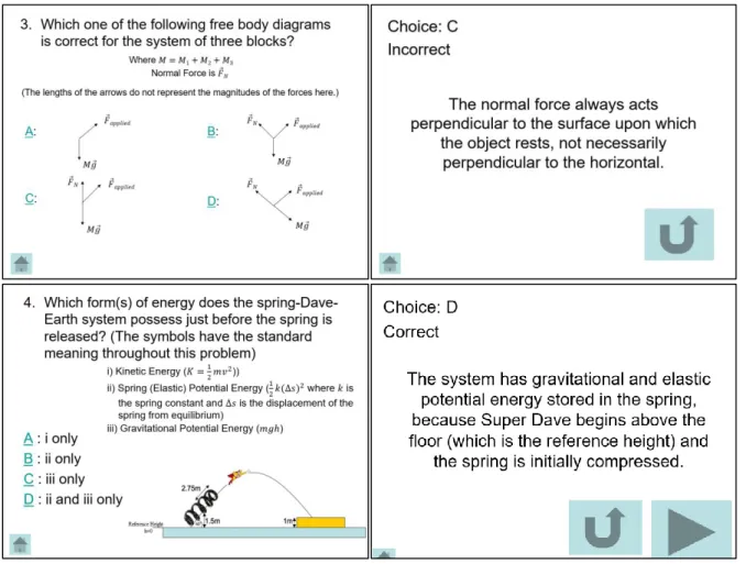 Figure 2: Examples of two sub-problems (left) and two associated responses when students select  a  choice  (right)  from  tutorials  focusing  on  Newton’s  second  law  (top)  and  conservation  of  energy/work-energy  theorem  (bottom)