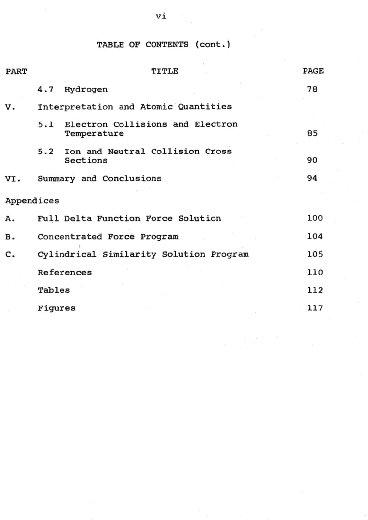 TABLE  OF  CONTENTS  ( c o n t . )   PART  TITLE  4 . 7   Hydrogen  V.  I n t e r p r e t a t i o n   and  Atomic  Q u a n t i t i e s   5.1  E l e c t r o n   C o l l i s i o n s   and  E l e c t r o n   Temperature  5 