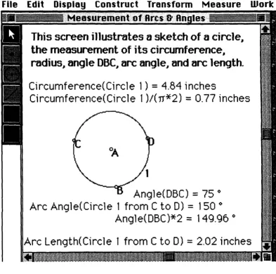 Figure 3 Screen display of Geometer's Sketchpad (Jackiw, 1994). Showing measurement of arc length and inscribed angle measure