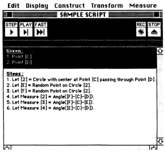 Figure 2 Script Window screen from Geometer's Sketchpad(Jackiw, 1994) showing sample scripts of construction