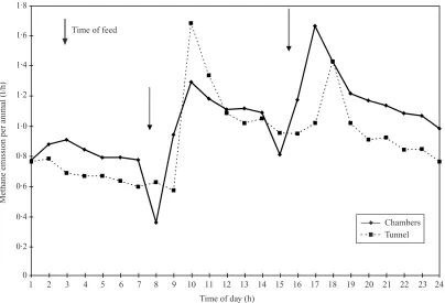 Fig. 1. Mean hourly methane emission (1�animal�h) from sheep fed a maintenance diet of HTDG pellets, either in chambers(unbroken line) or in the polytunnel (dashed line), showing time of feeding (�).