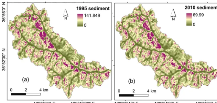 Figure 10. Spatial distribution of the sediment yield modulus (Mg ha−1) of the Majiagou River watershed: (a) 1995; (b) 2010.