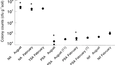 Figure 1 shows that at each sampling time there were eitherslightly more culturable bacteria or no signiﬁcant differencescompared with the control plot, when soil from the pesticideplot was plated on TSA, PSA and NA