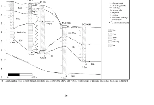 Figure 1.5 – Stratigraphic cross section through the study area to show the lateral and vertical relationships of primary lithosomes discussed in the text
