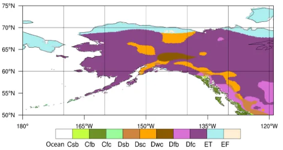 Figure 1. Köppen-Geiger classification for Alaska at 0.5˚ × 0.5˚ resolution as determined the three major cities (Anchorage 61.2181N, 149.9003W; Fairbanks 64.8378N, 147.7164W; Juneau 58.3019N, 134.4197W), the mean distance between sites exceeds 34.94 km, i